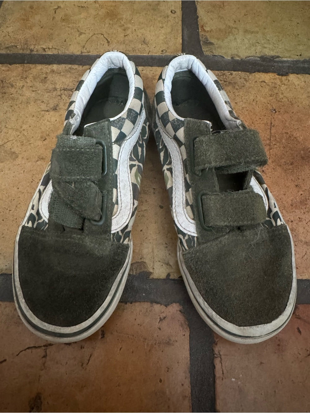 Vans Kids Olive Green Checkerboard Velcro Sneakers